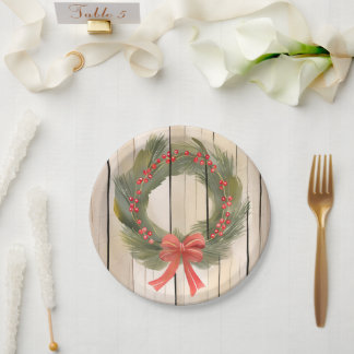 Christmas Wreath Red Bow | Pretty Pine Watercolor Paper Plate