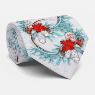 Christmas Wreath Red Bow Teal Holidays Tie