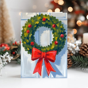 Christmas Wreath Red Bow White Watercolor Holiday Card