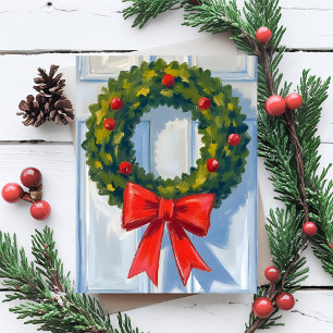 Christmas Wreath Red Bow White Watercolor Holiday Card