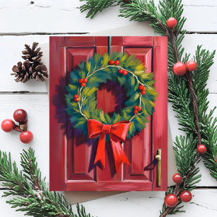 Christmas Wreath Red Door Watercolor Holiday Card