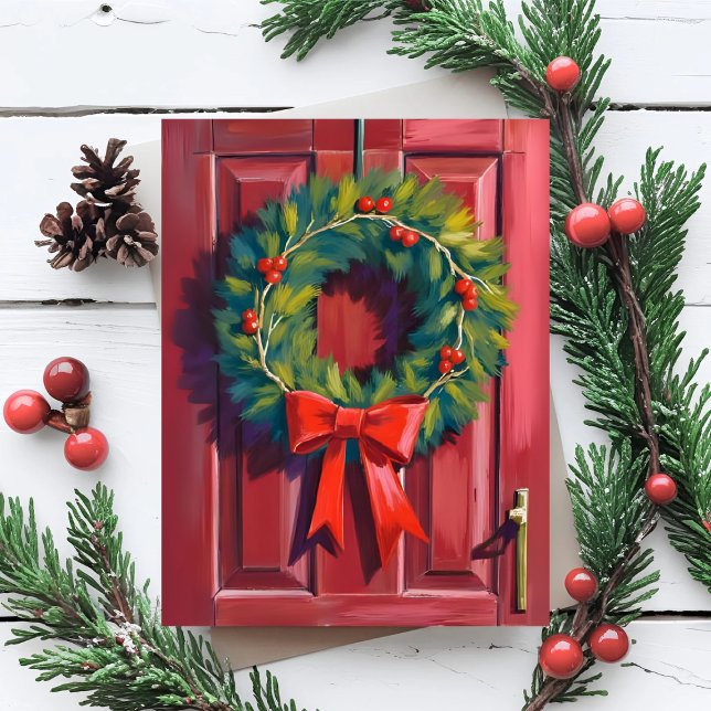 Christmas Wreath Red Door Watercolor Holiday Card (Creator Uploaded)