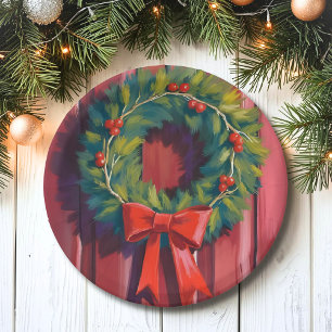 Christmas Wreath Red Door Watercolor Paper Plate