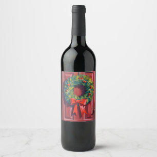 Christmas Wreath Red Door Watercolor Wine Label