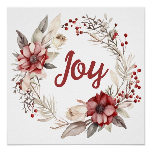 Christmas wreath, red flowers and berries joy poster (Front)