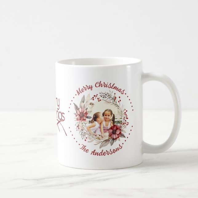 Christmas wreath, red flowers and berries photo coffee mug (Right)