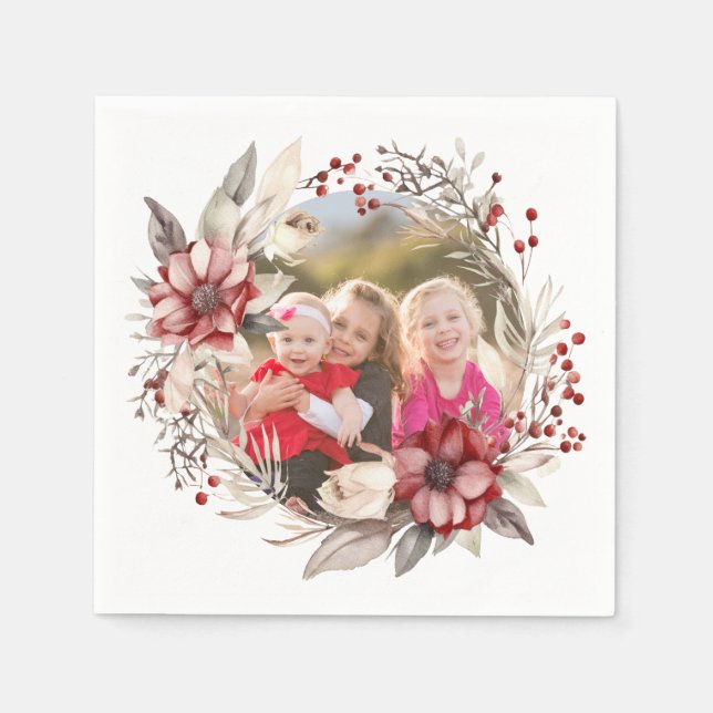 Christmas wreath, red flowers and berries photo napkin (Front)