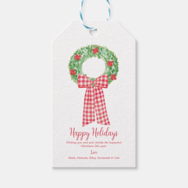 Christmas Wreath Red Gingham Gift Tag (Front)