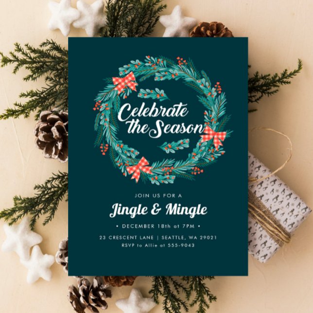 Christmas Wreath Red Gingham Holiday Party Invitation (Creator Uploaded)