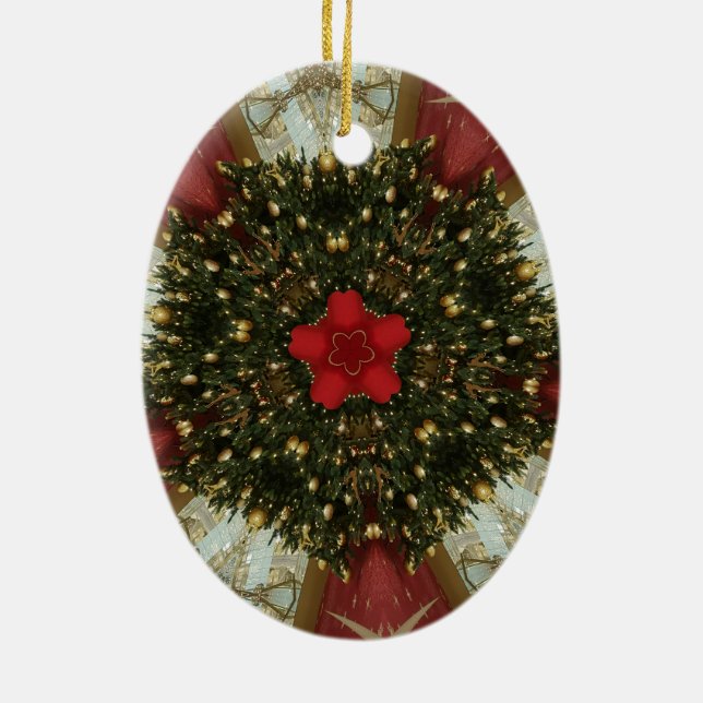 Christmas Wreath Red Green Gold with Red Star Ceramic Tree Decoration (Back)