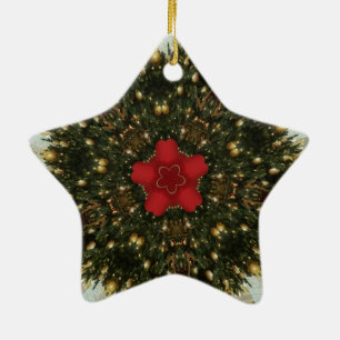 Christmas Wreath Red Green Gold with Red Star Ceramic Tree Decoration