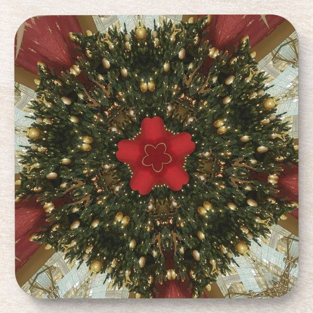 Christmas Wreath Red Green Gold with Red Star Coaster (Front)