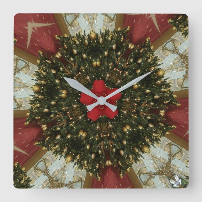 Christmas Wreath Red Green Gold with Red Star Square Wall Clock (Front)