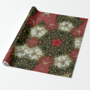 Christmas Wreath Red Green Gold with Red Star Wrapping Paper