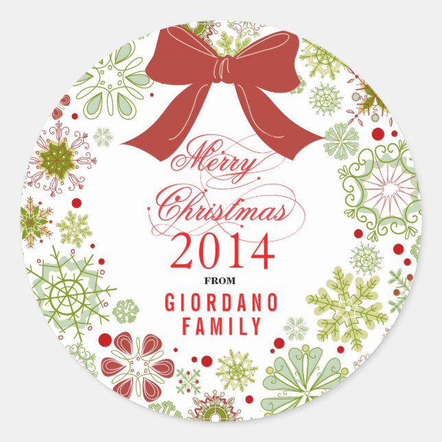 Christmas Wreath Red Green & White Marry Christmas Classic Round Sticker (Front)