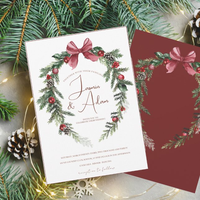 Christmas Wreath Red Green Winter Festive Wedding Invitation (Creator Uploaded)