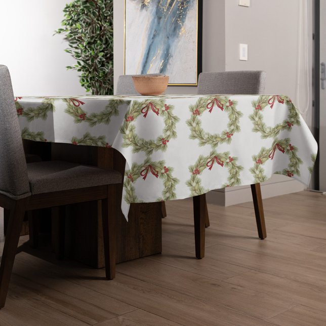 Christmas Wreath Red Holly Berries Simple Greenery Tablecloth (Christmas greenery wreath pattern holiday tablecloth.)