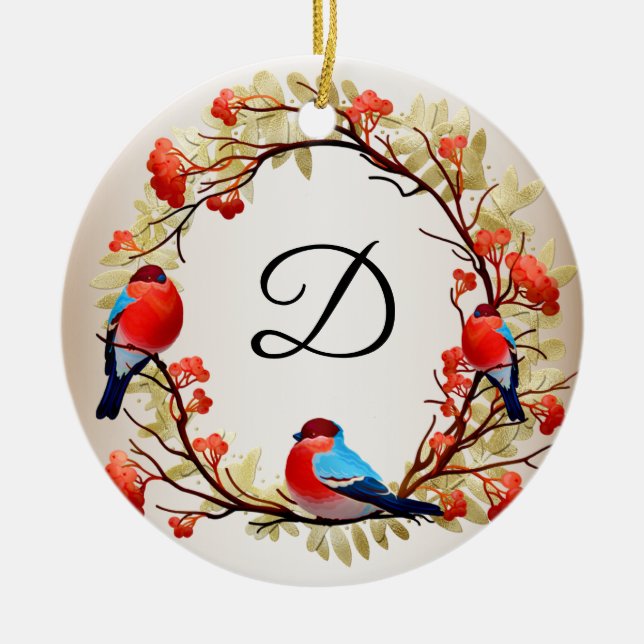 Christmas Wreath Red Monogram Initial Ceramic Tree Decoration (Front)