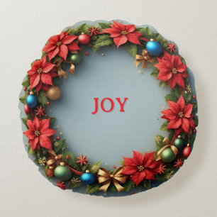 Christmas Wreath Red Poinsettia Holiday Cheer 🎄 Round Cushion