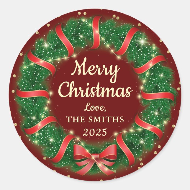 Christmas Wreath Red Ribbon Gold Glitter Holiday Classic Round Sticker (Front)
