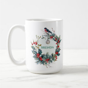 Christmas Wreath & Red Robin With Monogram Coffee Mug
