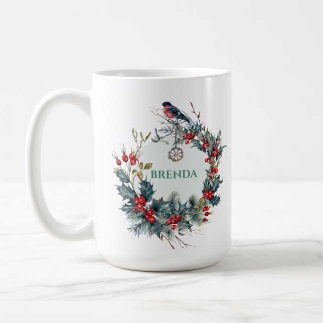 Christmas Wreath & Red Robin With Monogram Coffee Mug (Left)