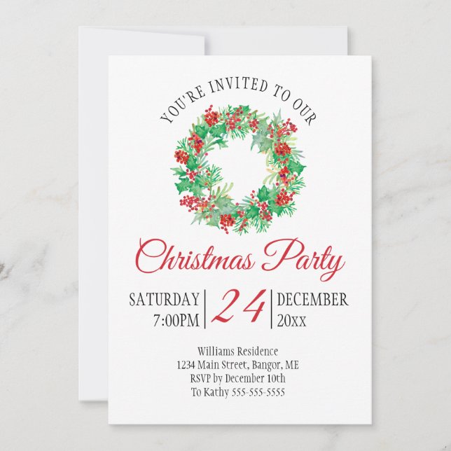 Christmas Wreath Red Script Holiday Party Invitation (Front)