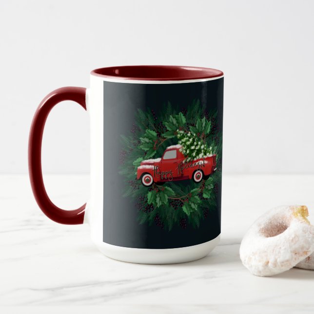 Christmas Wreath Red Vintage Truck Latte Mug (With Donut)