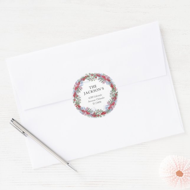 Christmas Wreath Return Address  Classic Round Sticker (Envelope)