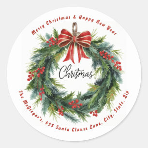 Christmas Wreath Return Address Vintage Classic Round Sticker