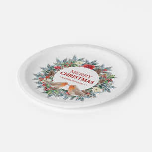 Christmas wreath, Robin birds Merry Christmas text Paper Plate