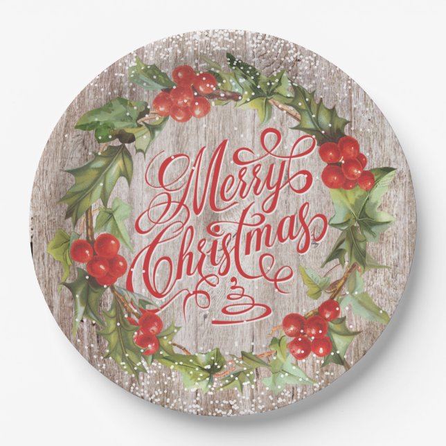 Christmas Wreath Rustic Wood Red Holly Typography Paper Plate (Front)
