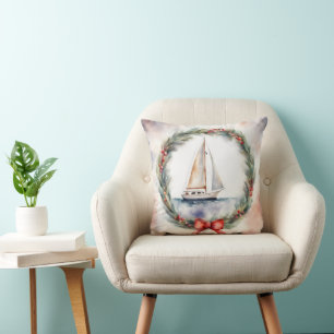 Christmas Wreath Sailboat Watercolor Cushion