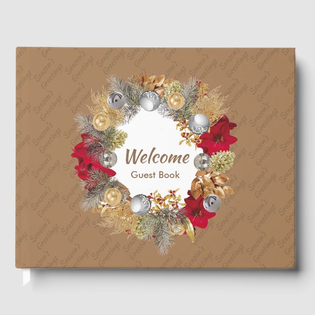 Christmas Wreath SEASON'S GREETINGS Beige Guest Book (Front)
