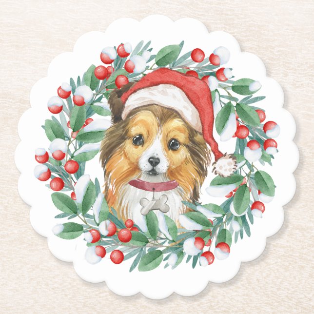 Christmas Wreath Sheltie Paper Coaster (Front)