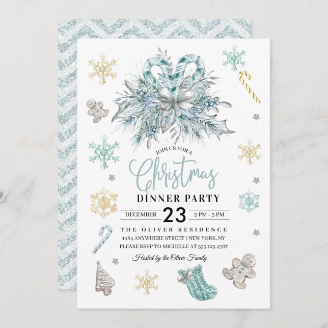 Christmas Wreath Snowflake Dinner Party Invitation (Front/Back)