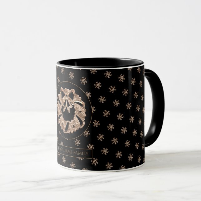 Christmas Wreath Snowflakes Black and Gold Mug (Front Right)