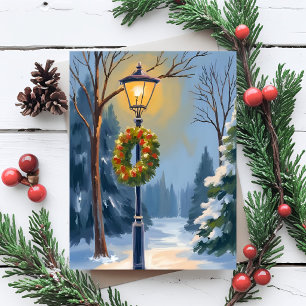 Christmas Wreath Snowy Street Lamp Watercolor Holiday Postcard