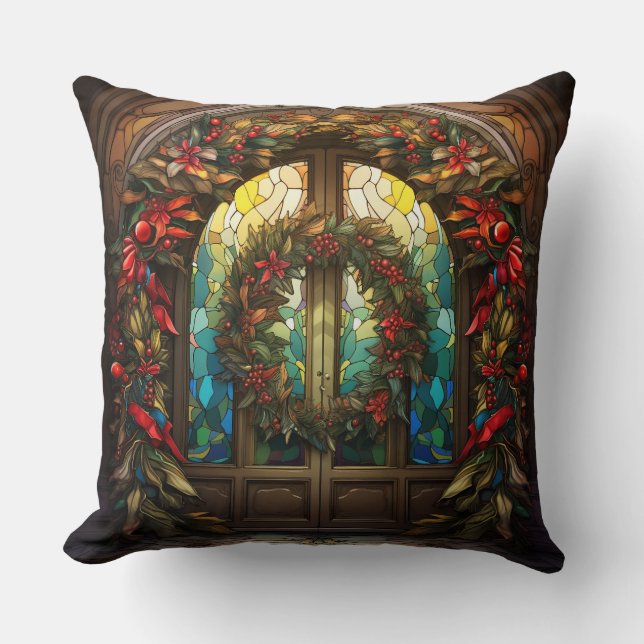 Christmas Wreath Stained Glass Cushion (Front)