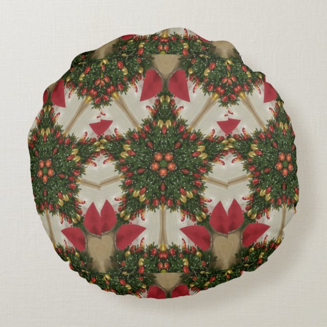 Christmas Wreath Star Red Green Kaleidoscope Round Cushion (Back)