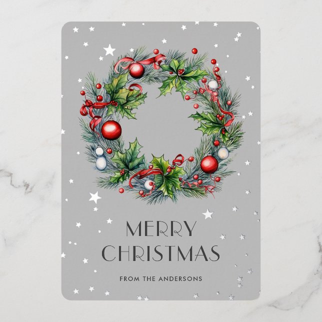 Christmas Wreath Starry Foil Holiday Card (Front)