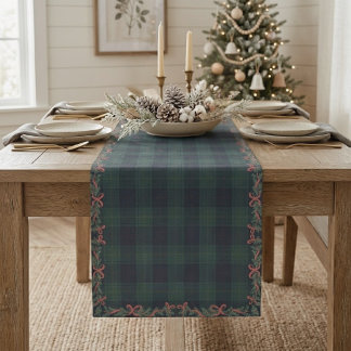 Christmas Wreath Tartan Plaid Custom Family Name Short Table Runner