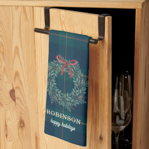 Christmas Wreath Tartan Plaid Family Name Tea Towel