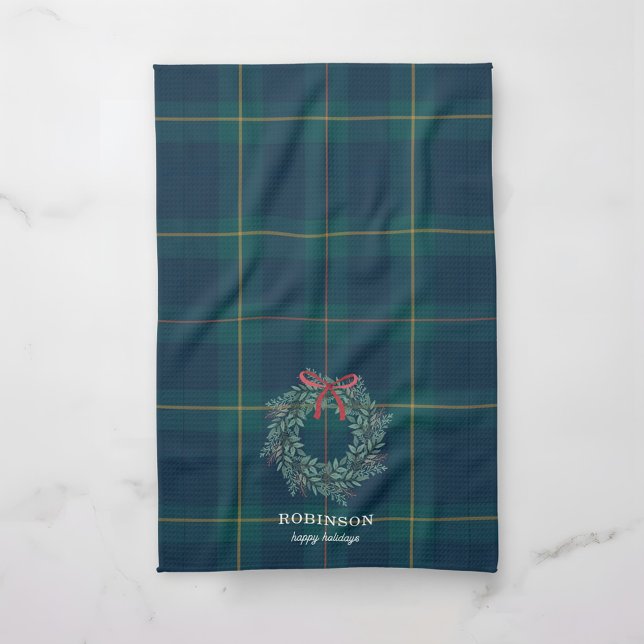 Christmas Wreath Tartan Plaid Family Name Tea Towel (Creator Uploaded)