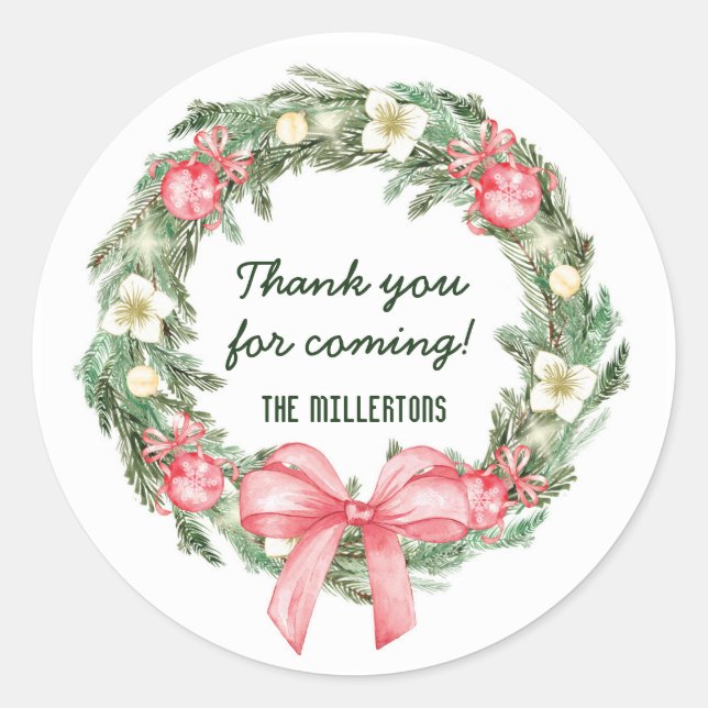 Christmas Wreath thank you party favour Classic Round Sticker (Front)