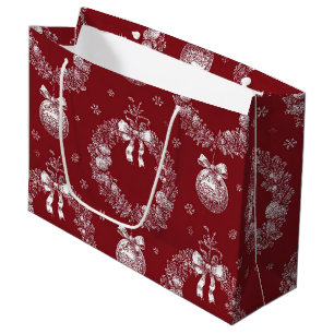 Christmas Wreath Toile on Deep Red Large Gift Bag