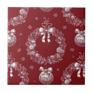 Christmas Wreath Toile on Deep Red Tile