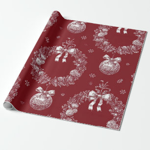 Christmas Wreath Toile on Deep Red Wrapping Paper