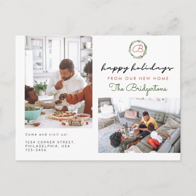 Christmas Wreath Two Photo Holiday Moving Announcement Postcard (Front)