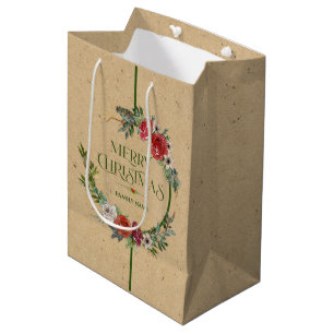 Christmas wreath, typography paper texture medium medium gift bag
